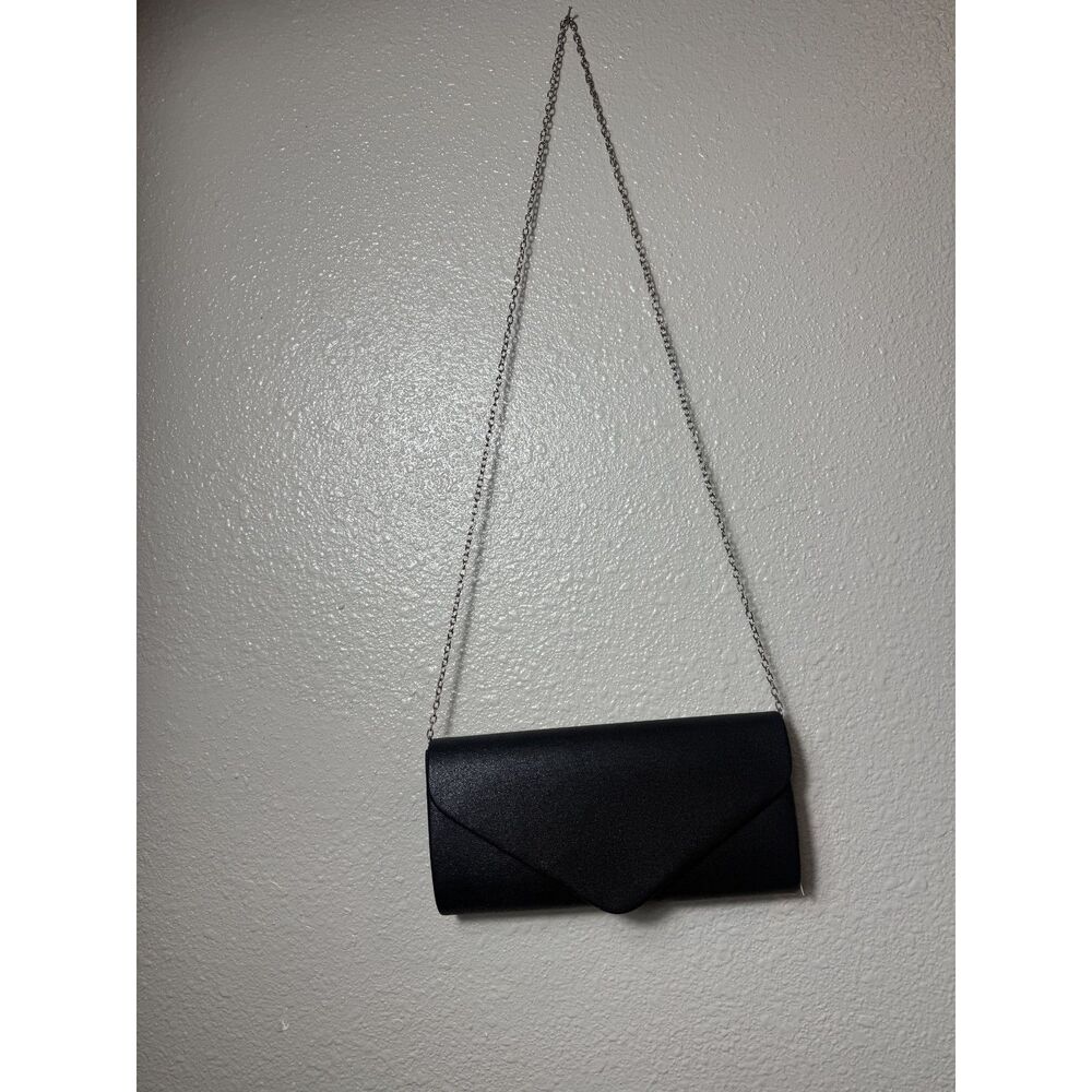 Black Satin Envelope Clutch with Silver Chain
